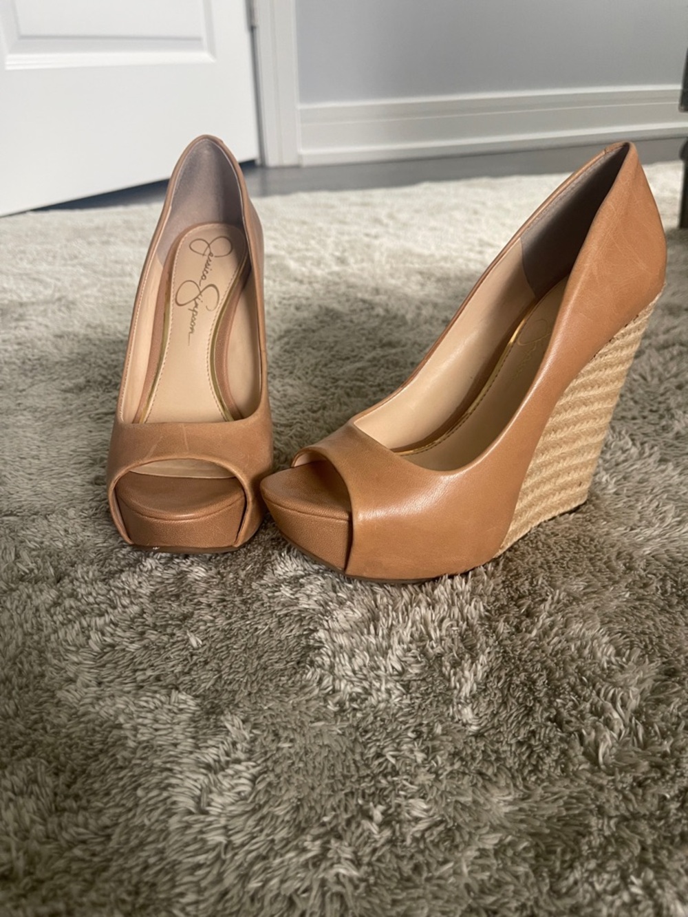 Jessica Simpson Cognac Peep-Toe Espadrille Wedges